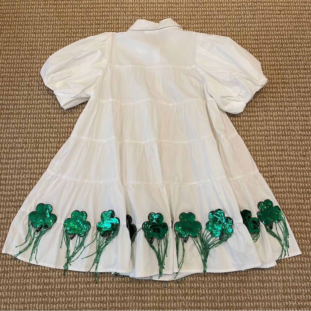 QUEEN OF SPARKLES White Mini Dress with Green Sequin Clover Trim - Picture 10 of 10